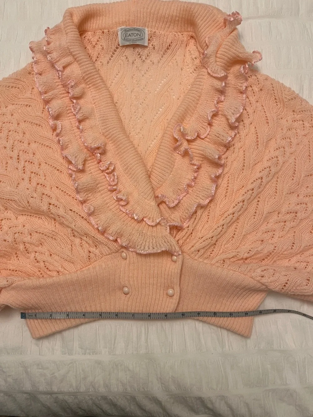 VINTAGE Eaton Batwing Lacy Cable Knit Cardigan Ruffles Feminine Romantic 70's - Picture 17 of 17